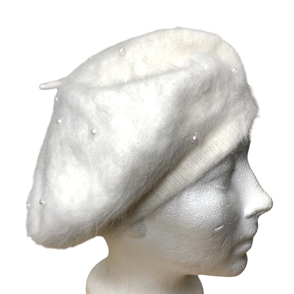 Ladies Cream Beret Hat Fuzzy Angora Wool Women O/S Pearl Beads Coquette Girl